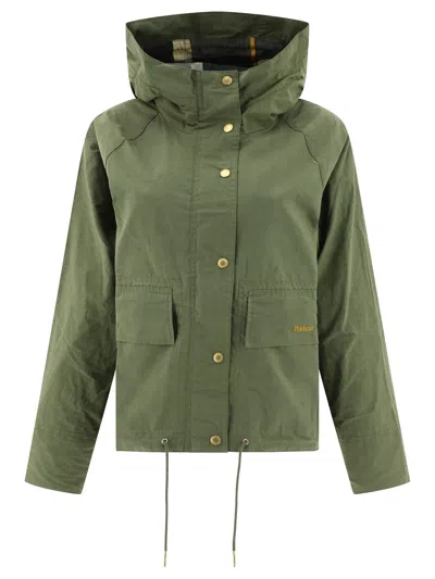 Barbour Green Hooded Drawstring Jacket For Women With Zip And Button Closure
