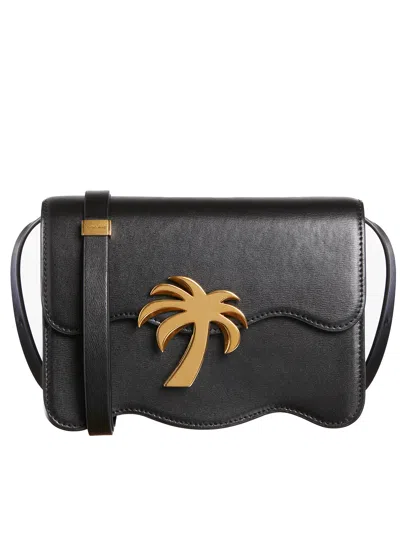 Palm Angels Black Leather Handbag With Metal Closure And Printed Logo By