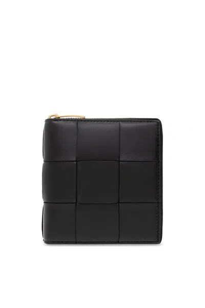 Bottega Veneta Black Intreccio Pattern Compact Wallet For Women