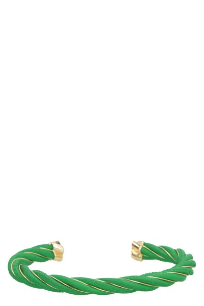 Bottega Veneta Green Leather And Silver Twist Cuff Bracelet (ss23)