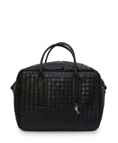 Bottega Veneta Men's Black Leather Weekender Handbag With Intrecciato Pattern