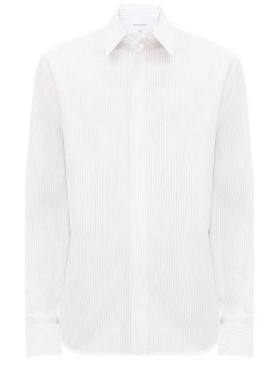 Bottega Veneta Men's White Pinstriped Cotton Shirt With Bv Embroidered Front