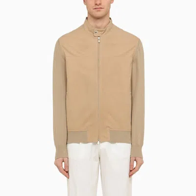 Brunello Cucinelli Beige Leather Jacket With Knit Sleeves For Men