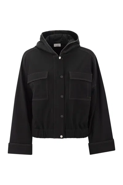 Brunello Cucinelli Black Stretch-cotton Contrast Stitching Classic Hood Coat