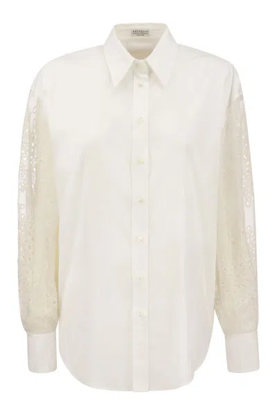 Brunello Cucinelli Elegant Stretch Cotton Poplin Shirt With Silk Broderie Anglaise Sleeves In White