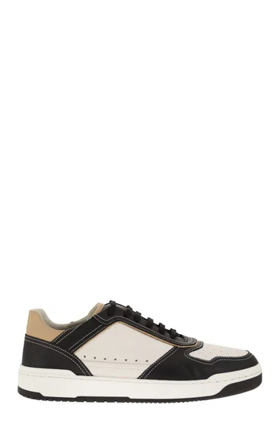 Brunello Cucinelli Men's Leather Basket Sneaker In White, Sand, And Black For Ss24