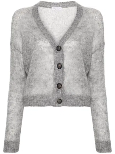 Brunello Cucinelli Mohair Blend Knit Cardigan In Gray