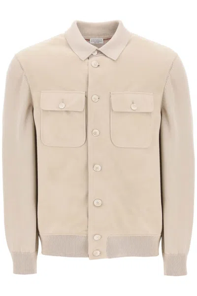 Brunello Cucinelli Luxurious Suede Shirt-style Cardigan For Men In Sand