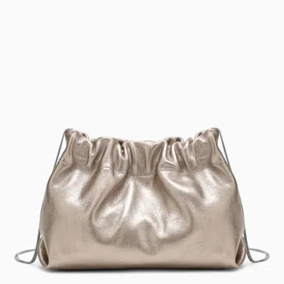 Brunello Cucinelli Pearl-coloured Leather Handbag With Magnet Fastening, Shoulder Strap, And Removable Zipped Clutch In White
