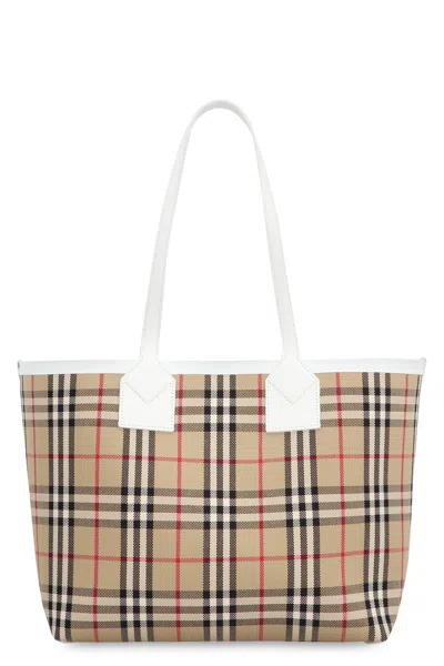 Burberry Check Motif Small Tote Bag For Women In Burgundy