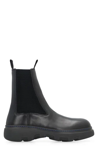 Burberry Men's Black Leather Chelsea Boots With Side Elastic Inserts, Round Toe And Lug Sole