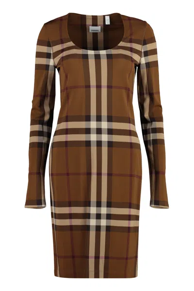 Burberry Checked Jersey Mini Dress In Brown