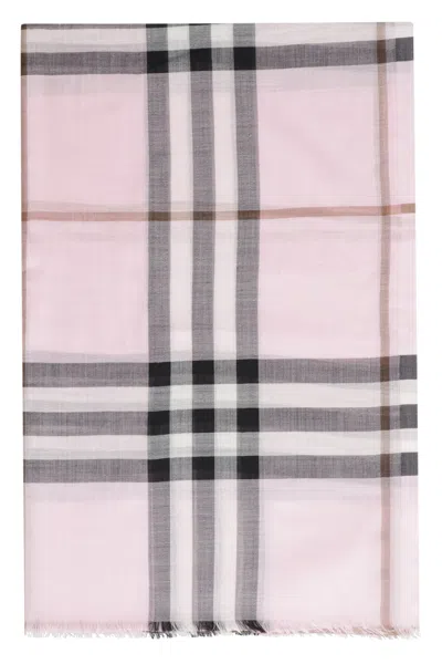 Burberry Giant Gauze Check Wool And Silk Blend Scarf In Pale Candy Pink