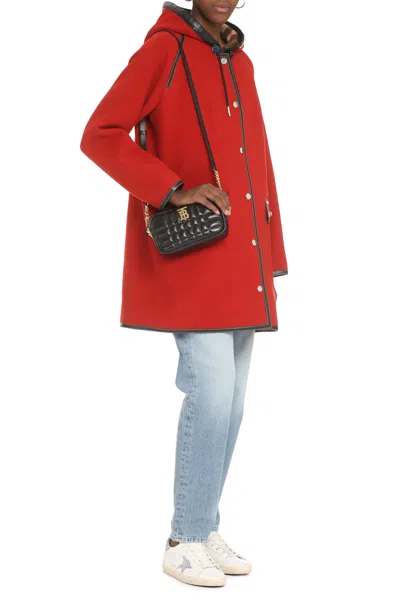 Burberry Red Hooded Wool Jacket For Women With Contrasting Leather Trim And Raglan Sleeves