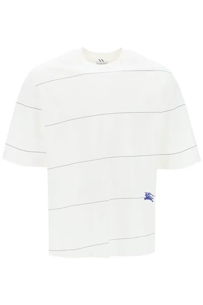 Burberry Striped Cotton T-shirt With Embroidered Detail For Men In White
