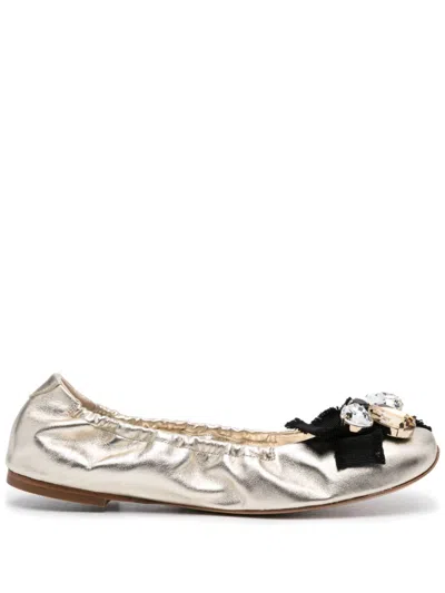 Casadei Golden Leather Ballet Flats With Gem Embellishment And Elastic Strap For Women From The Ss24 Collect