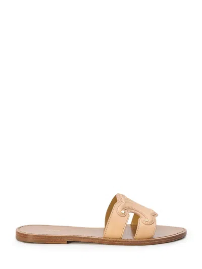 Celine Embossed Nude Triomphe Sandals With Gold-tone Studs