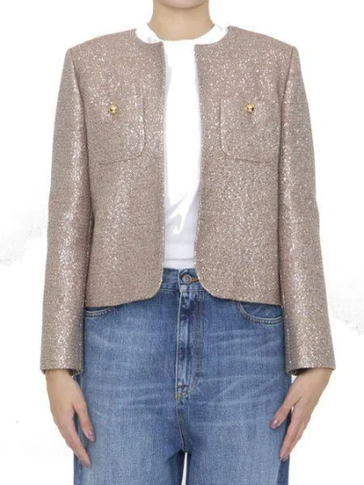 Celine Pink Sequined Wool Blend Jacket For Women In Brown