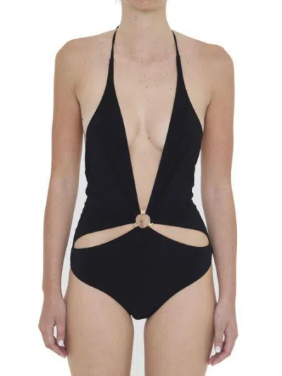 Celine Women's Black Swimsuit With Gold-tone Trim And Cut-out Details
