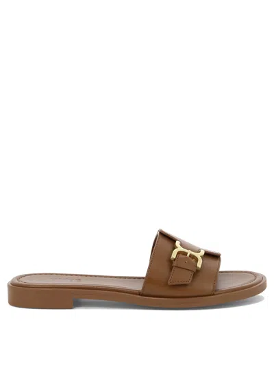 Chloé Brown Slip-on Sandals For Women With Gold Marcie Buckle