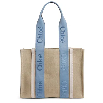 Chloé Tote Handbag Woody M Taupe Canvas Blue Logos