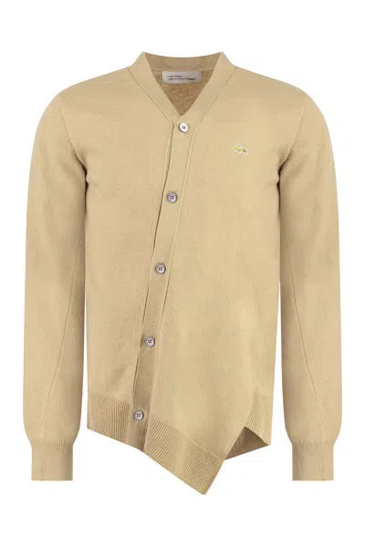 Comme Des Garçons Shirt Men's Camel Wool Cardigan With Logo Patch And Asymmetric Hem