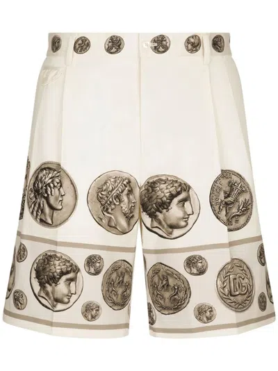 Dolce & Gabbana Cream Whitecoin Print Tailored Shorts For Men In Tan