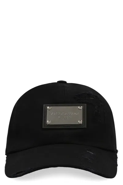 Dolce & Gabbana Black Logo Plaque Distressed Baseball Cap