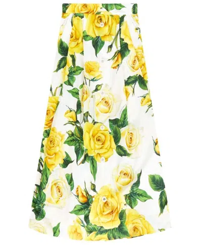 Dolce & Gabbana Floral Midi Skirt In Cotton With Stretch Waistband And Front Buttons In White
