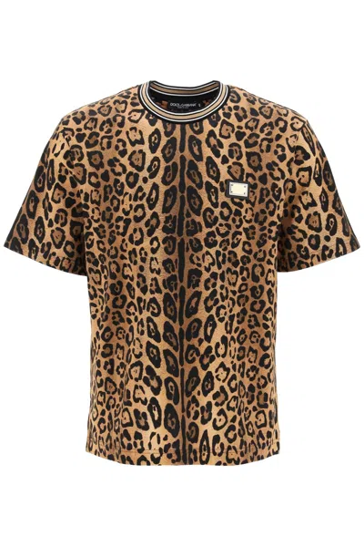 Dolce & Gabbana Leopard Print Cotton T-shirt With Iconic Gold-plated Plaque In Multicolor