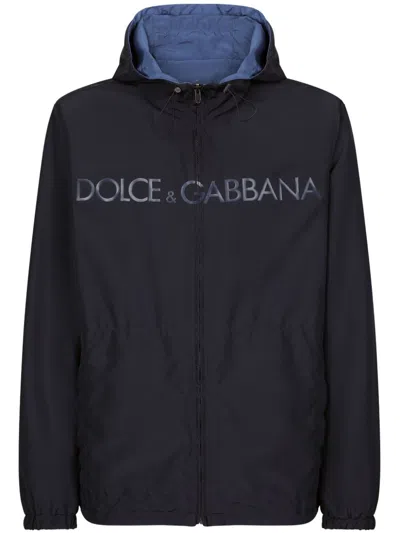 Dolce & Gabbana Logo Reversible Hooded Jacket In Navy