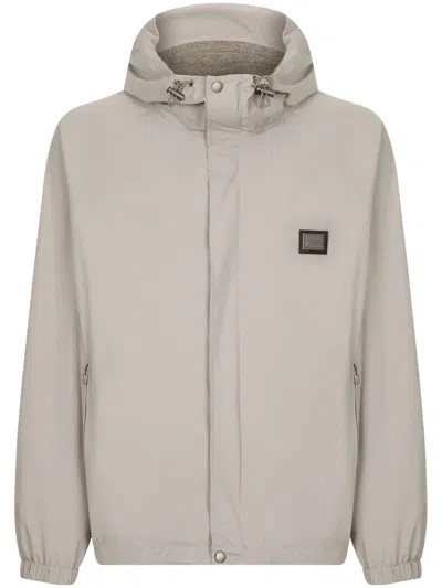 Dolce & Gabbana Men's Gray Drawstring Hoodie With Logo Plaque And Hardware Details