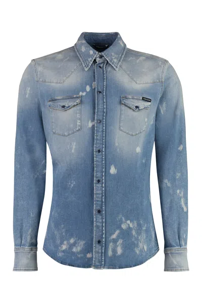 Dolce & Gabbana Men's Paint Splatter Denim Shirt For Fw23 In Blue