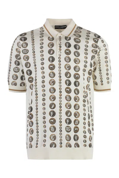 Dolce & Gabbana Men's White Monete All Over Print Silk-knit Polo Shirt