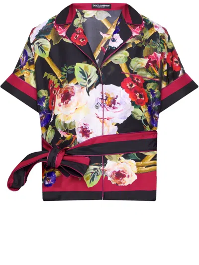 Dolce & Gabbana Multicolor Floral Print Silk Shirt For Women In Black
