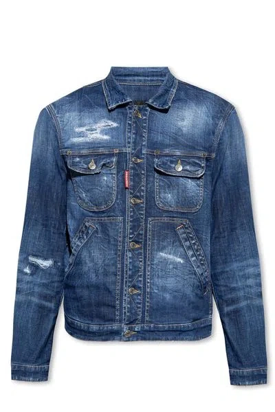 Dsquared2 Buttoned Distressed Denim Jacket In Navy Blue