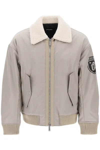 Dsquared2 Men's Padded Bomber Jacket With Lamb Fur Collar In Grey For Fw23 In Gray