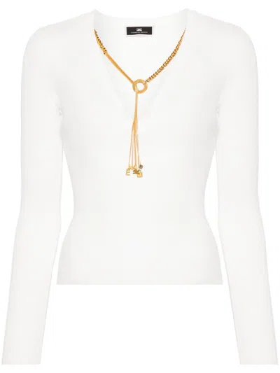 Elisabetta Franchi Ivory Knit Sweater Rib V-neck Slim In White