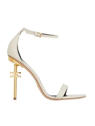 Elisabetta Franchi Leather Sandals With Logo Heel In White