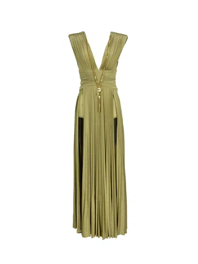 Elisabetta Franchi Olive Green Lurex Draped Maxi Dress For Women From Designer Ab56, Ss24 Collection