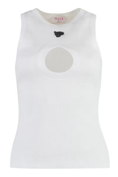 Emilio Pucci White Cotton Tank Top With Front Cut-out Detail For Women