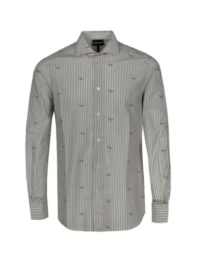 Emporio Armani Men's Logo-print Striped Shirt In Gray