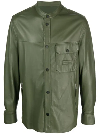 Emporio Armani Leather Shirt Jacket In Kaki
