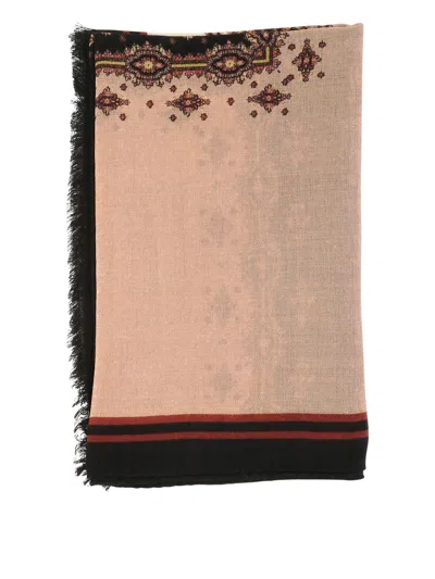 Etro Black Printed Scarf For Women With Ribbons And Micro Polka Dots
