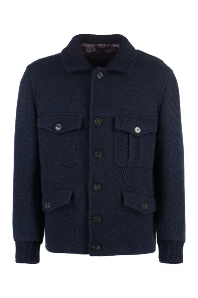 Etro Navy Blue Jacket With Knitted Details In Black