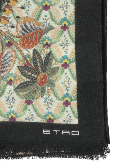 Etro Floral-printed Fringed-hem Scarf In Black