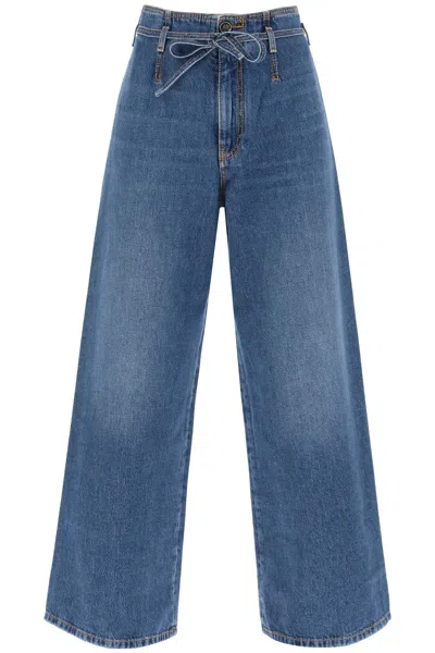 Etro Navy Wide-cut High-waisted Jeans With Tie Belt And Pegasus Floral Embroidery In Blue