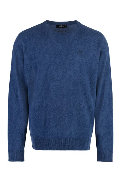 Etro Stylish Blue Wool Sweater For Men With Paisley Motif And Ribbed Edges