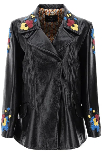 Etro Women's Embellished Faux Leather Jacket With Floral Embroideries In Black