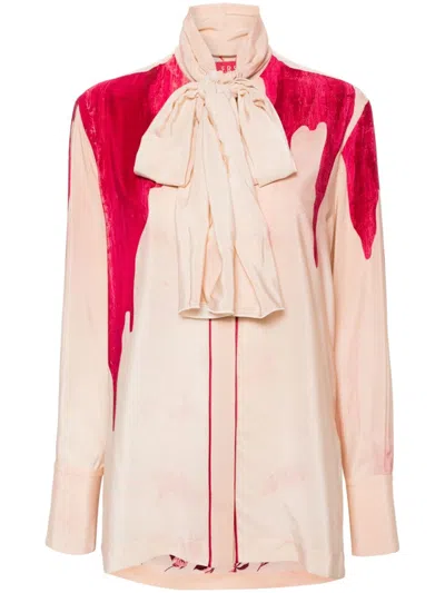 F.r.s For Restless Sleepers Light Pink Palm Tree Print Silk Shirt With Detachable Scarf And Button Details